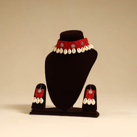 Red - german silver fabart choker necklace set with shell
