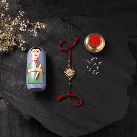 Red - Star Handcrafted Tribal Dokra Brass Thread Rakhi with Banaras Wood Doll Box 53
