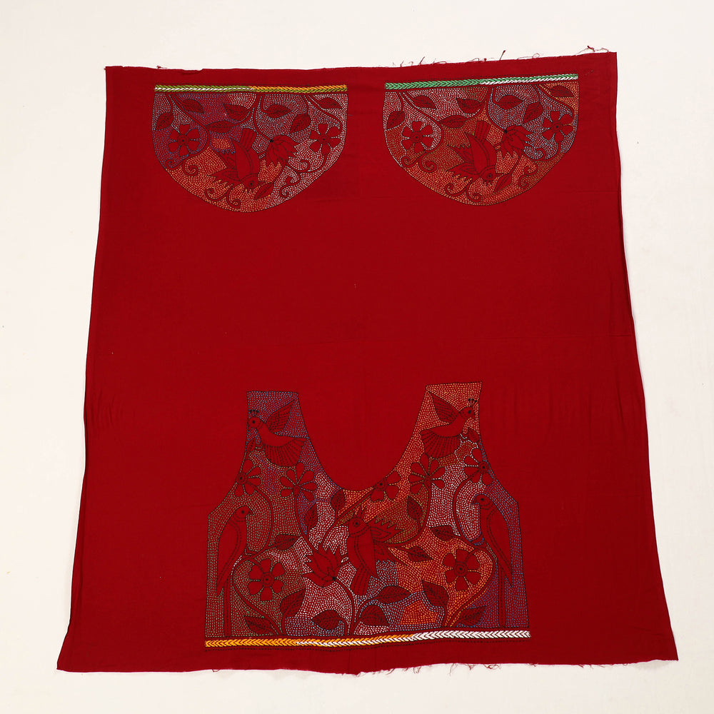 Red - Bengal Kantha Embroidery Cotton Blouse Piece 58