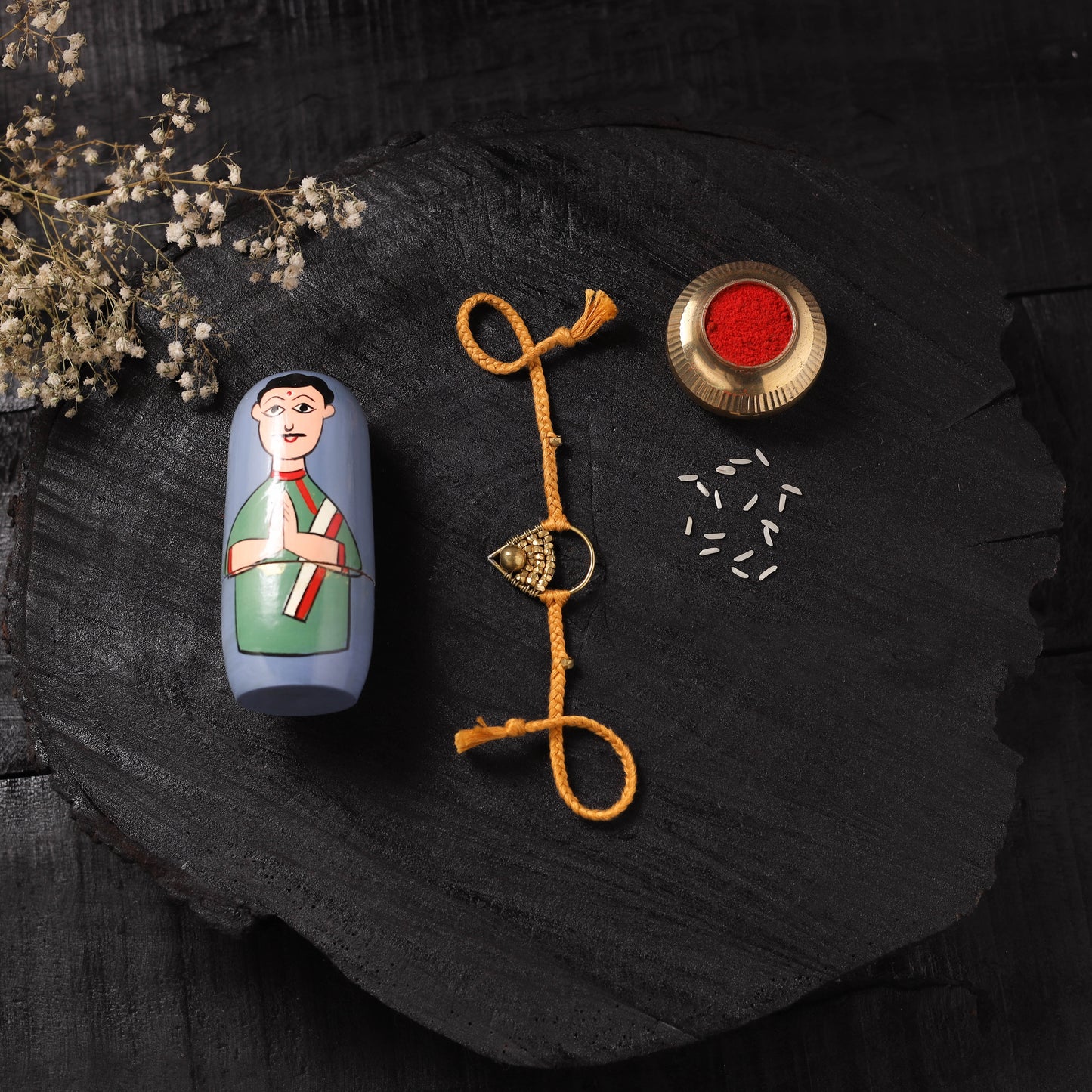 Yellow - Handcrafted Tribal Dokra Brass Thread Rakhi with Banaras Wood Doll Box 54