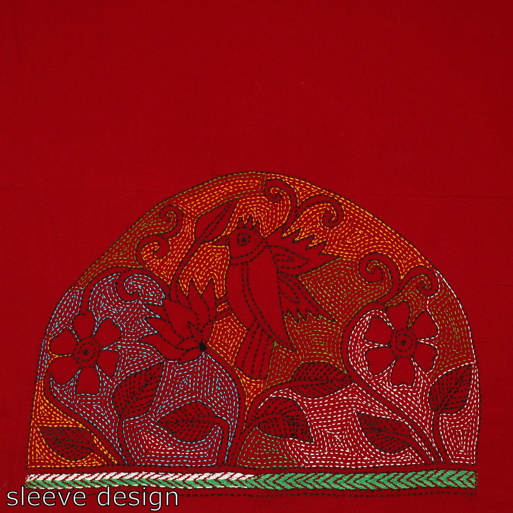 Red - Bengal Kantha Embroidery Cotton Blouse Piece 58