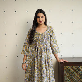  Yellow Pintuck Flared Cotton Block Print Sanganeri Kurta