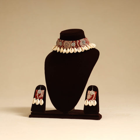 Red - german silver fabart choker necklace set with shell