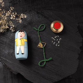 Green - Handcrafted Tribal Dokra Brass Thread Rakhi with Banaras Wood Doll Box 58