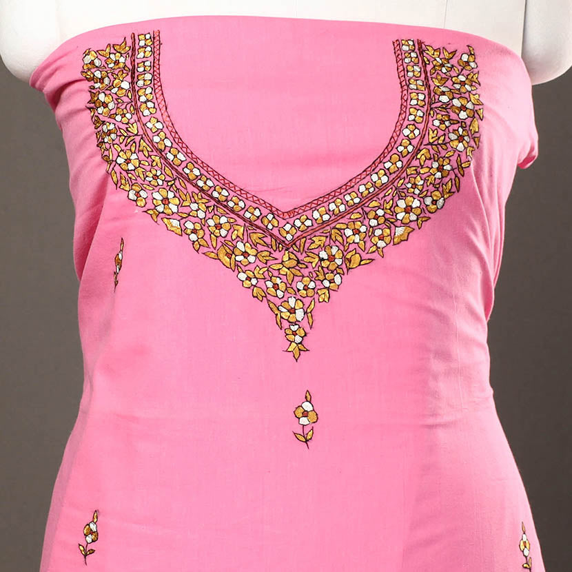 Pink - Kashidakari Hand Embroidery Pure Mangalgiri Cotton Kurta Material - (2.4 meter) 25