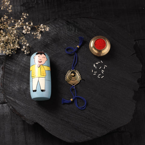 Blue - Handcrafted Tribal Dokra Brass Thread Rakhi with Banaras Wood Doll Box 60