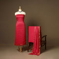 Red - 3pc linen silk handloom unstitched plain dress