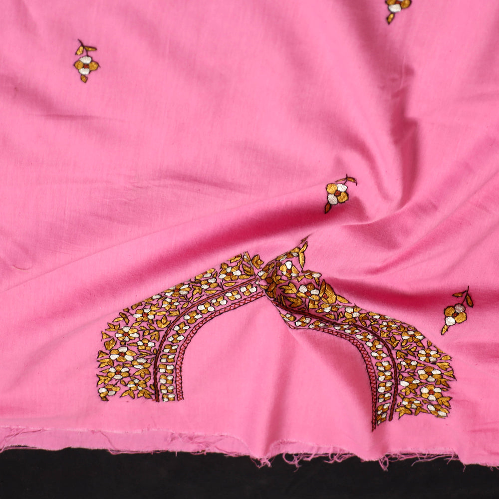 Pink - Kashidakari Hand Embroidery Pure Mangalgiri Cotton Kurta Material - (2.4 meter) 25