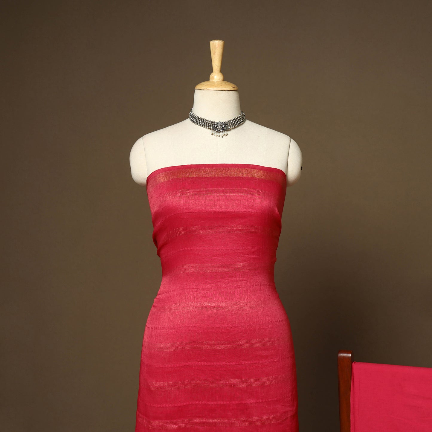 Red - 3pc linen silk handloom unstitched plain dress