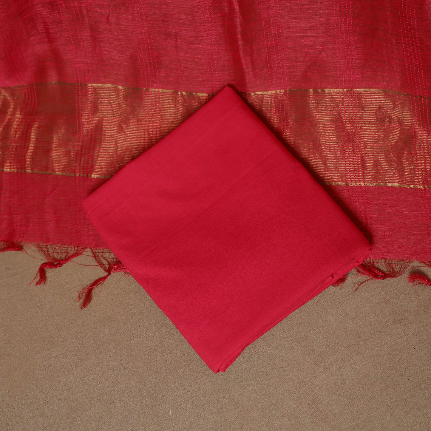 Red - 3pc linen silk handloom unstitched plain dress