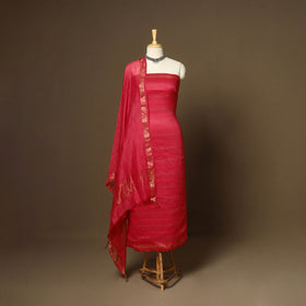 Red - 3pc linen silk handloom unstitched plain dress