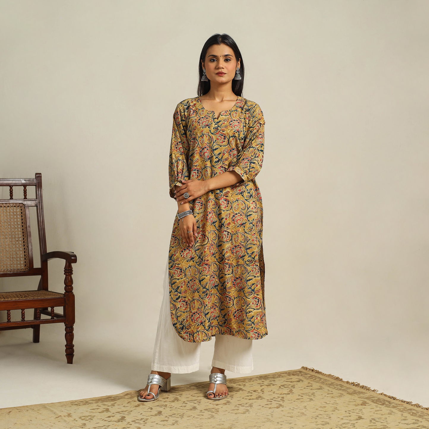  Yellow Block Print Cotton Straight Kalamkari Kurta For Women