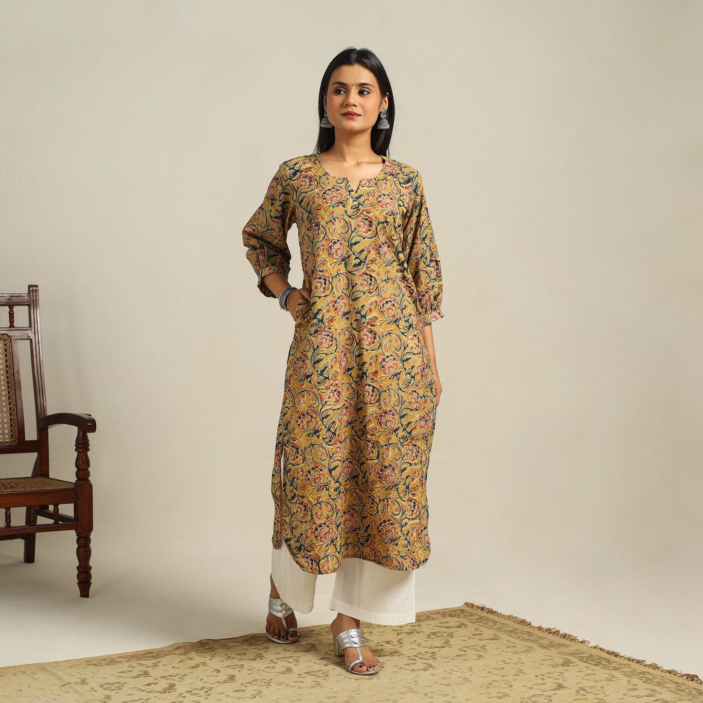  Yellow Block Print Cotton Straight Kalamkari Kurta For Women