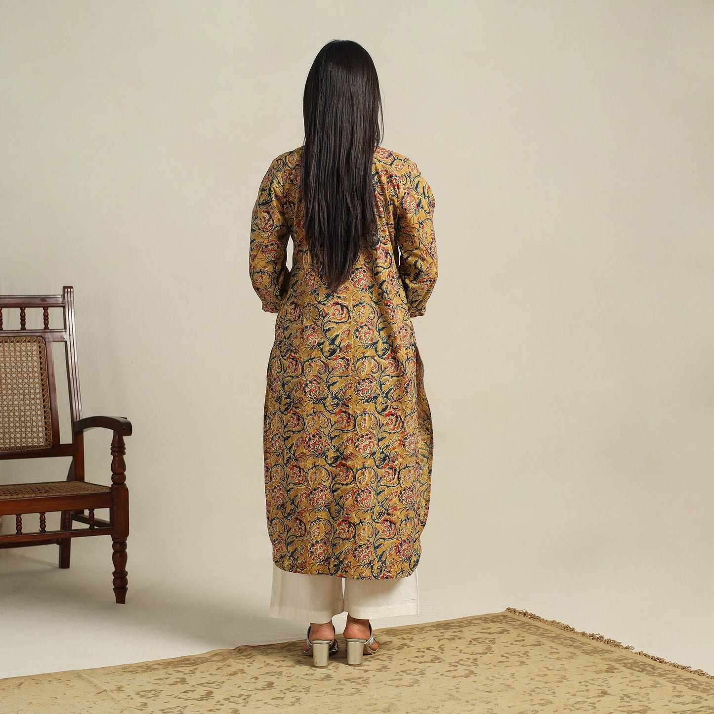  Yellow Block Print Cotton Straight Kalamkari Kurta For Women