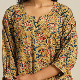  Yellow Block Print Cotton Straight Kalamkari Kurta For Women