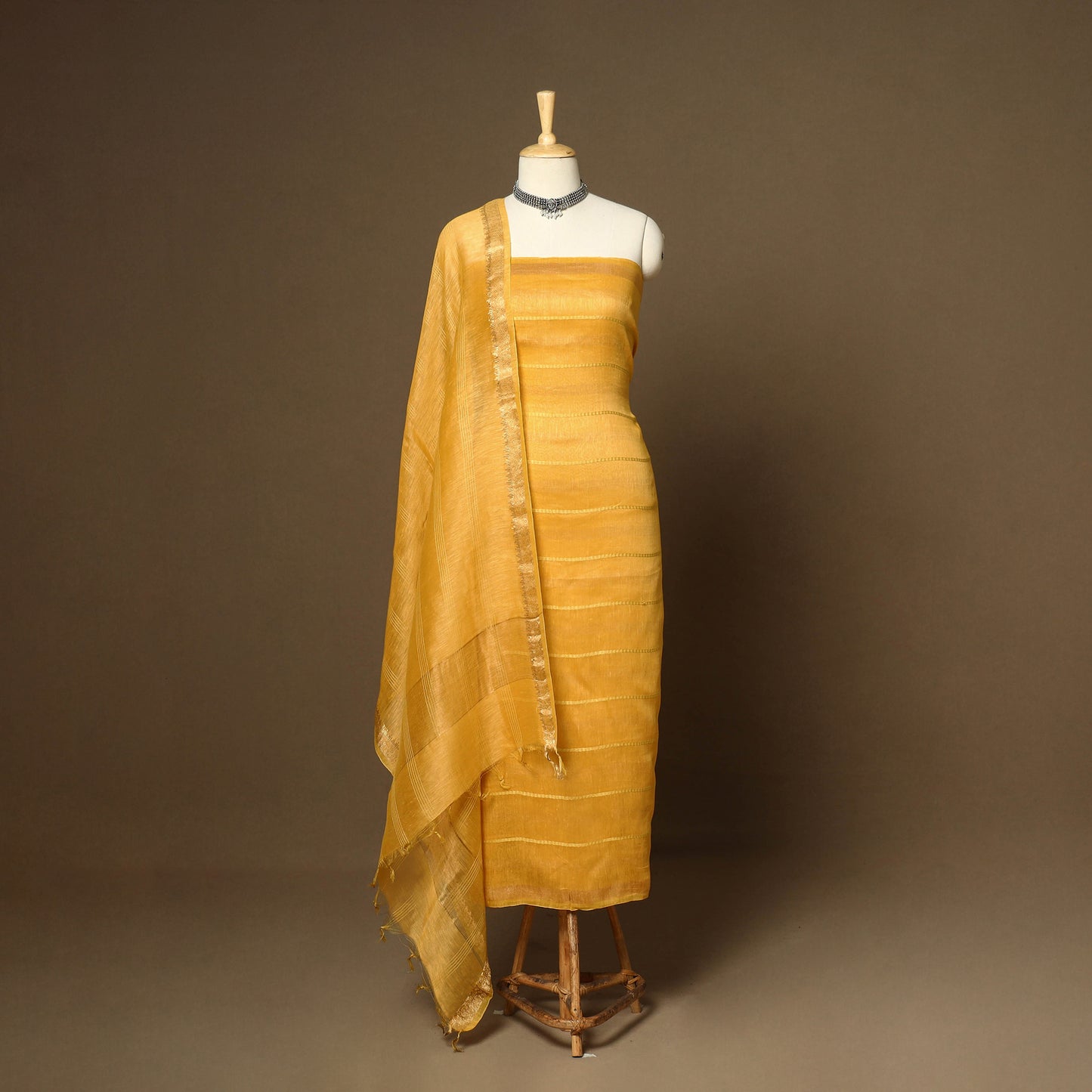 Yellow - 3pc linen silk handloom unstitched plain dress