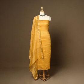 Yellow - 3pc linen silk handloom unstitched plain dress