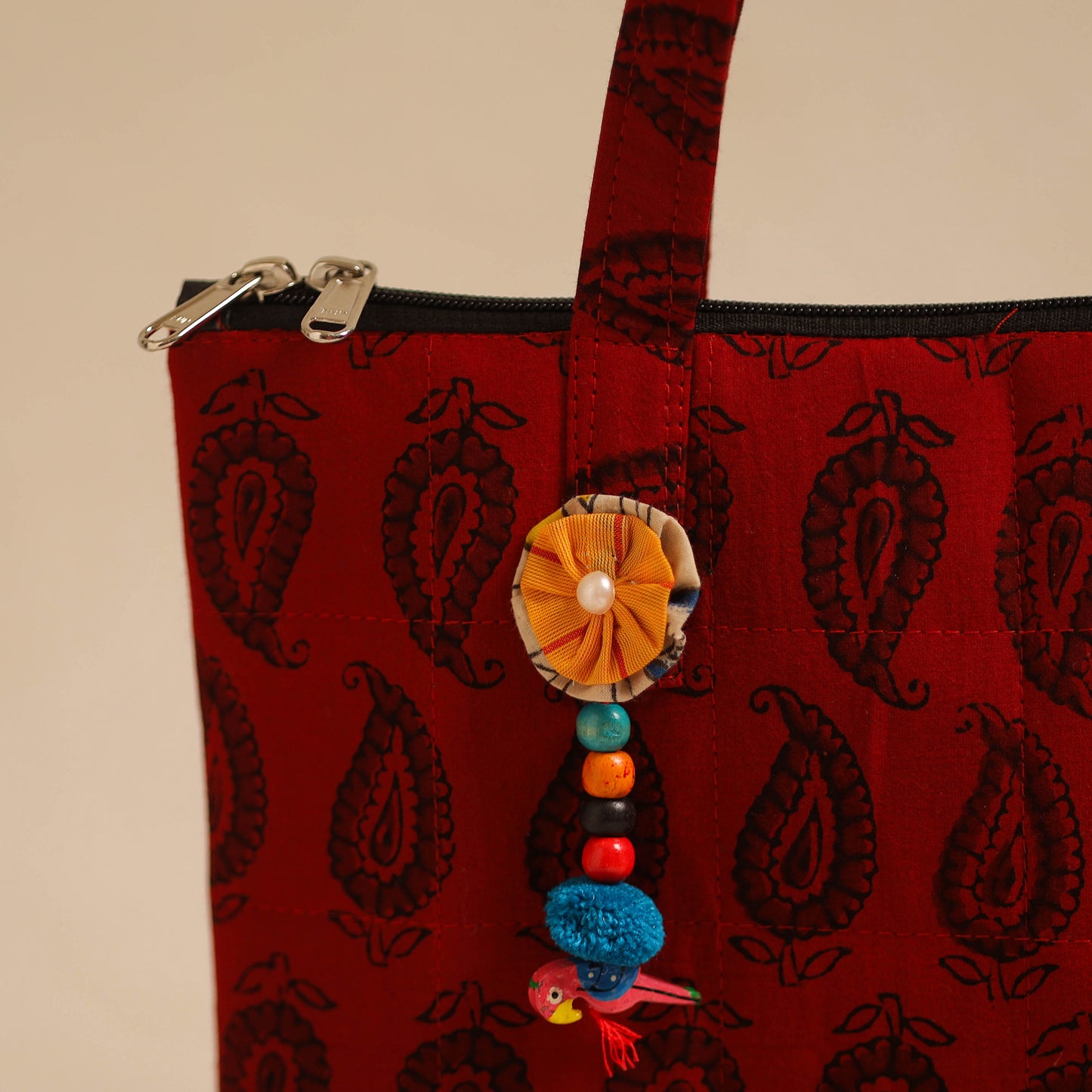 Red Handcrafted Quilted Cotton Hand Bag