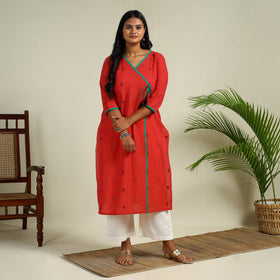 Red Angarkha Straight Cotton Jacquard Kurta for Women