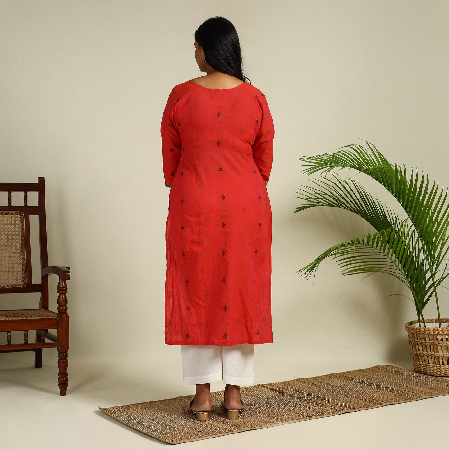 Red Angarkha Straight Cotton Jacquard Kurta for Women