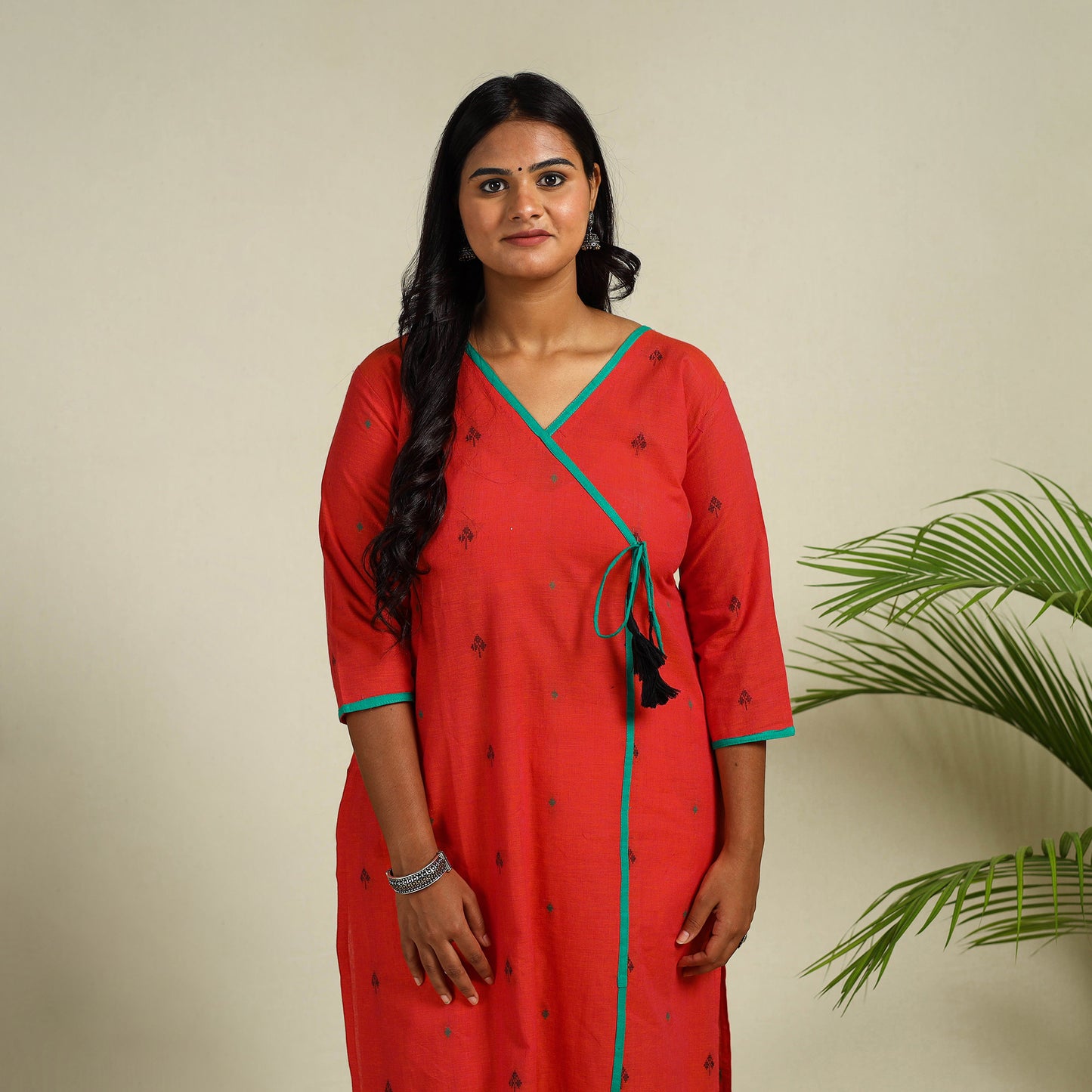 Red Angarkha Straight Cotton Jacquard Kurta for Women