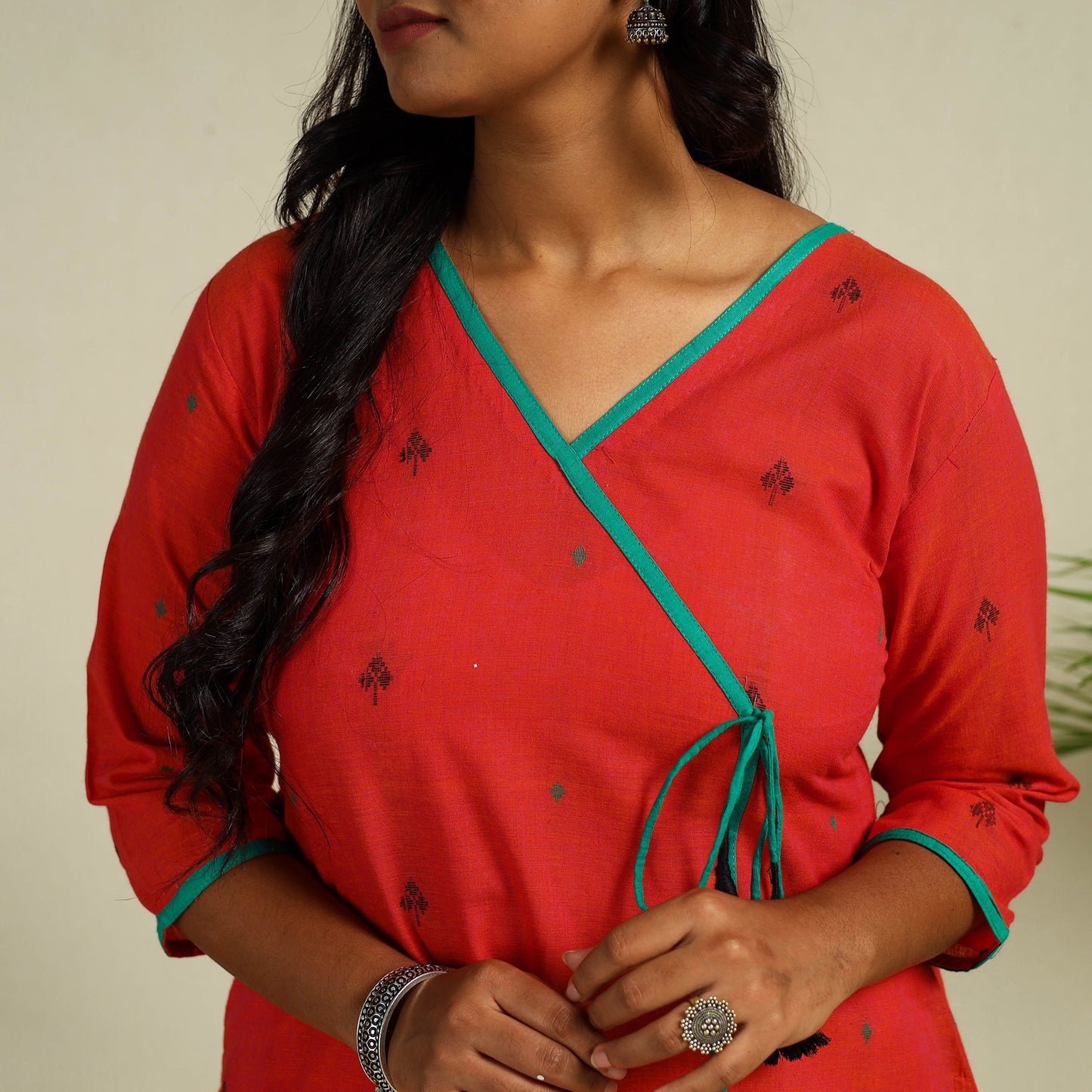 Red Angarkha Straight Cotton Jacquard Kurta for Women