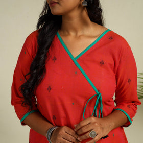 Red Angarkha Straight Cotton Jacquard Kurta for Women