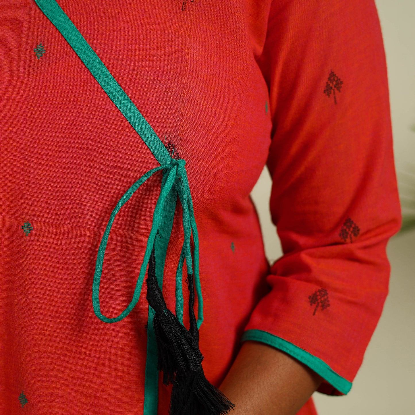 Red Angarkha Straight Cotton Jacquard Kurta for Women