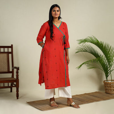 Red Angarkha Straight Cotton Jacquard Kurta for Women