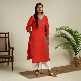 Red Angarkha Straight Cotton Jacquard Kurta for Women