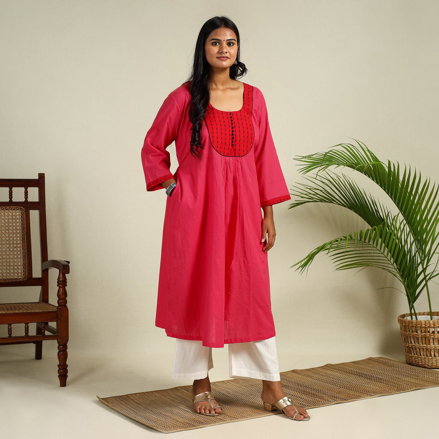 Buy Jacquard Patchwork Cotton Flared Plain Kurta for Women