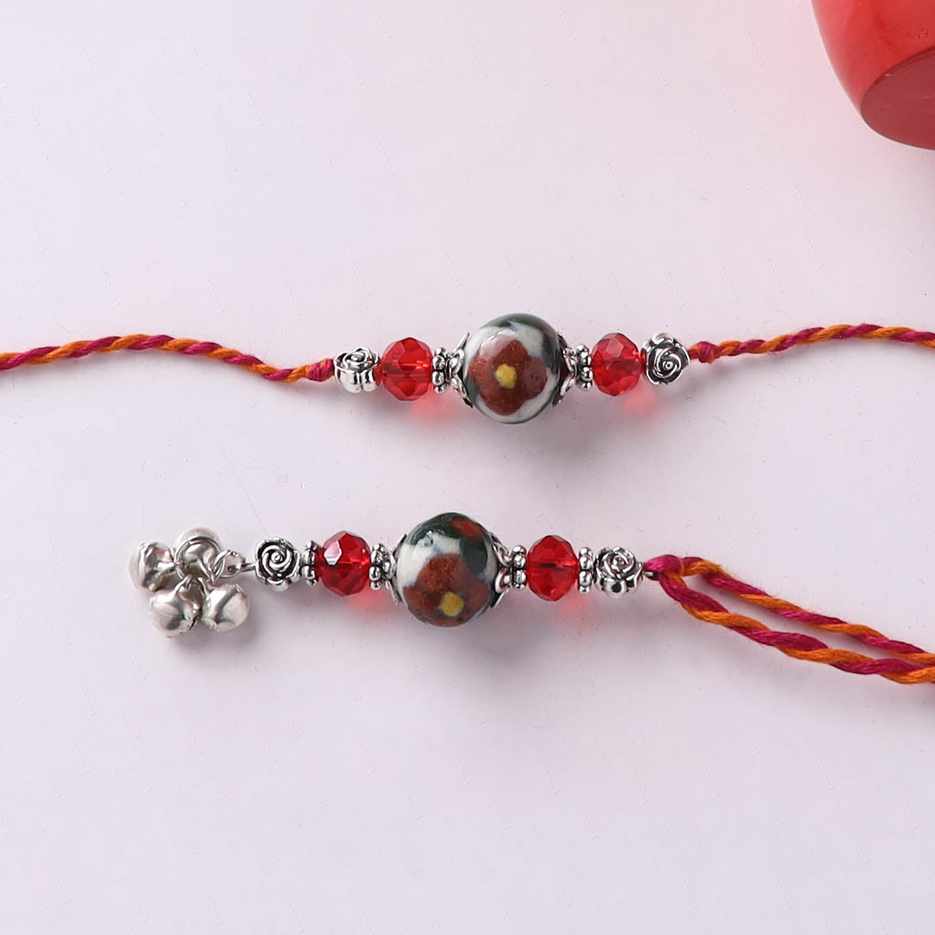 Red - Handmade Blue Pottery & GS Bead Work Rakhi Lumba Set with Banaras Wood Dolls Box 31