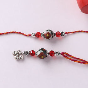 Red - Handmade Blue Pottery & GS Bead Work Rakhi Lumba Set with Banaras Wood Dolls Box 31
