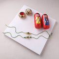 Yellow - Handmade Blue Pottery & GS Bead Work Bhaiya Bhabhi Rakhi Set with Banaras Wood Dolls Box 20