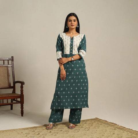 Green Handloom Cotton Pochampally Double Ikat Kurta Set (Set of 2)