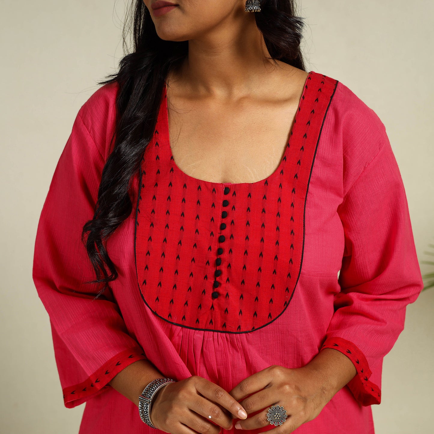Buy Jacquard Patchwork Cotton Flared Plain Kurta for Women