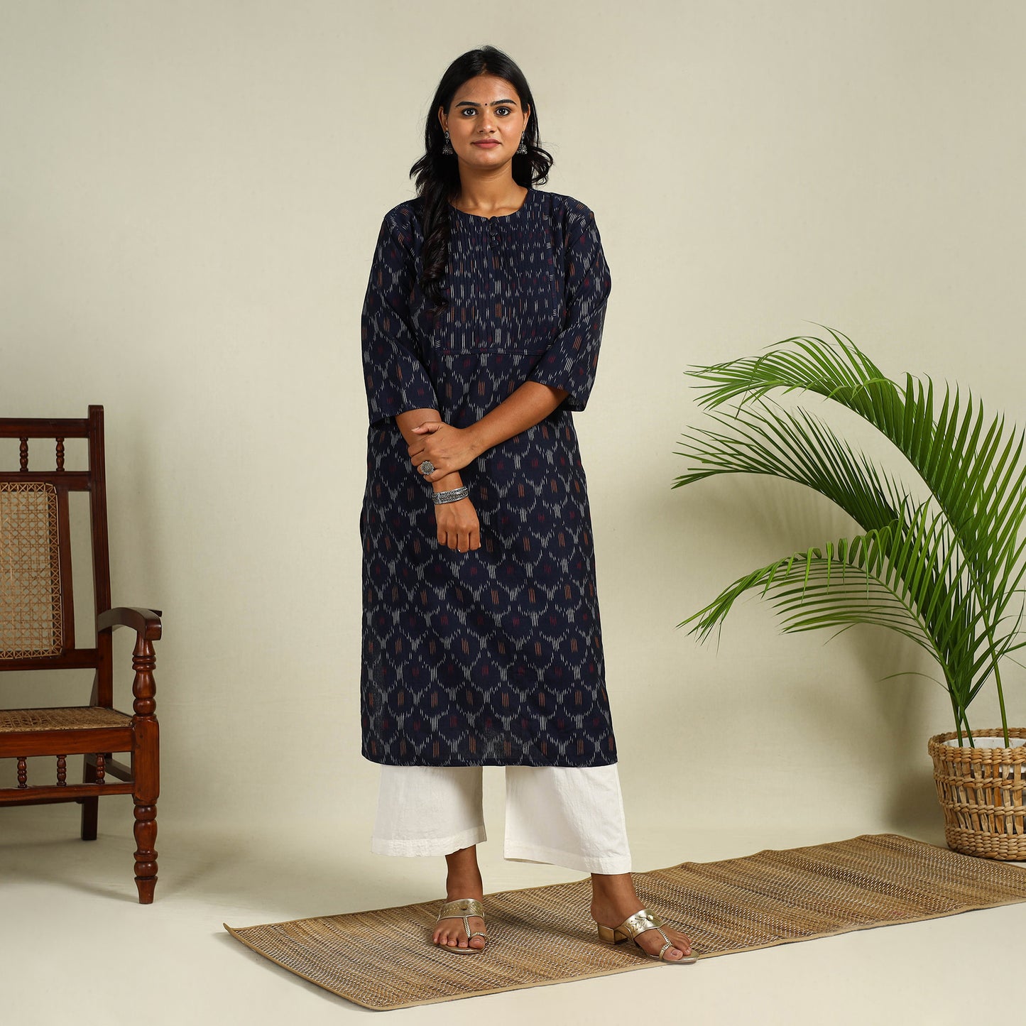 Blue - Cotton Pintuck Straight Pochampally Ikat Kurta 01