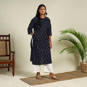 Blue - Cotton Pintuck Straight Pochampally Ikat Kurta 01