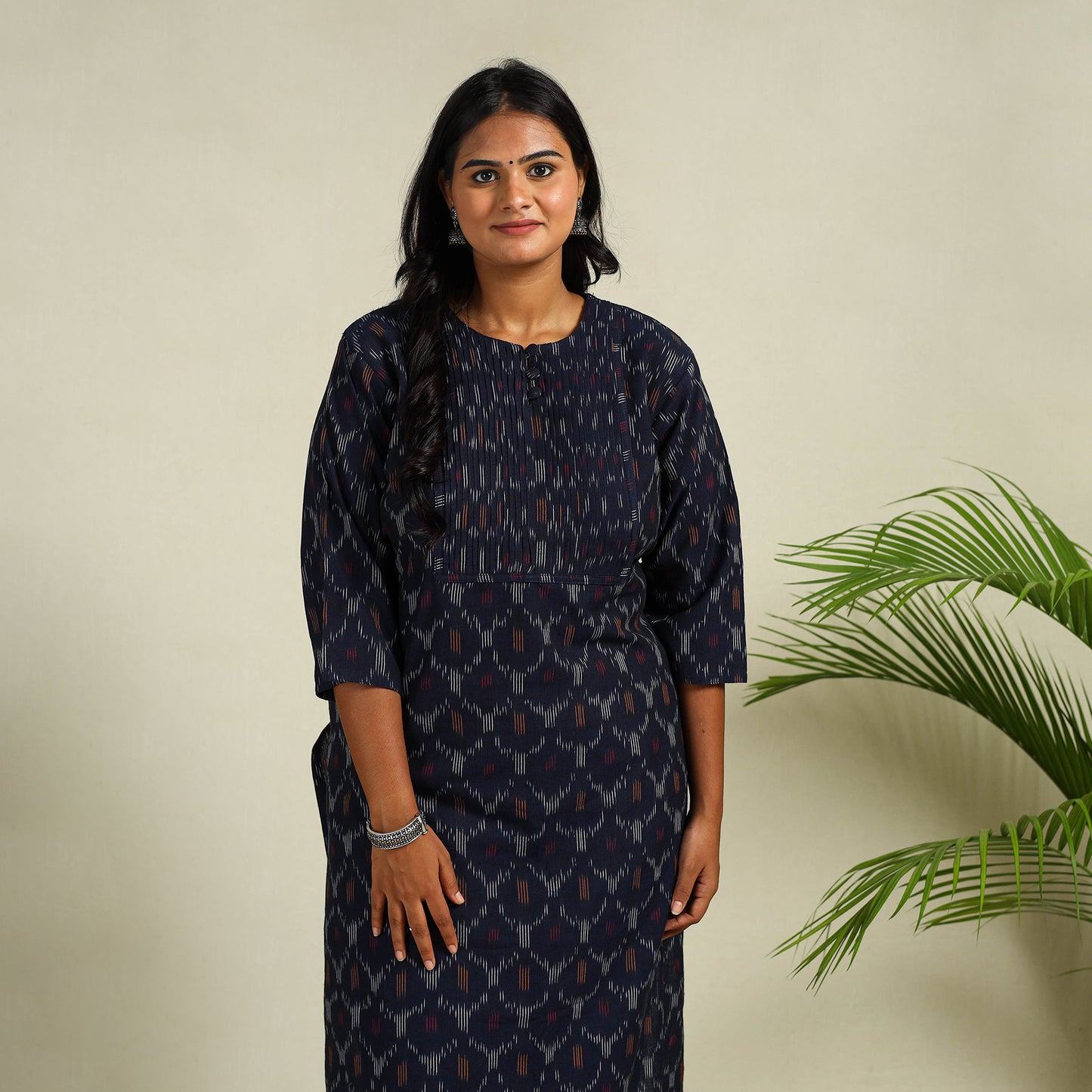 Blue - Cotton Pintuck Straight Pochampally Ikat Kurta 01