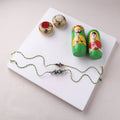 Green - Handmade Blue Pottery & GS Bead Work Bhaiya Bhabhi Rakhi Set with Banaras Wood Dolls Box 22