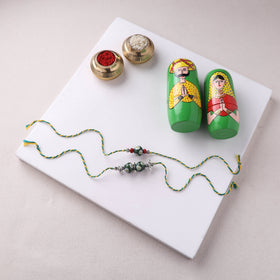 Green - Handmade Blue Pottery & GS Bead Work Bhaiya Bhabhi Rakhi Set with Banaras Wood Dolls Box 22
