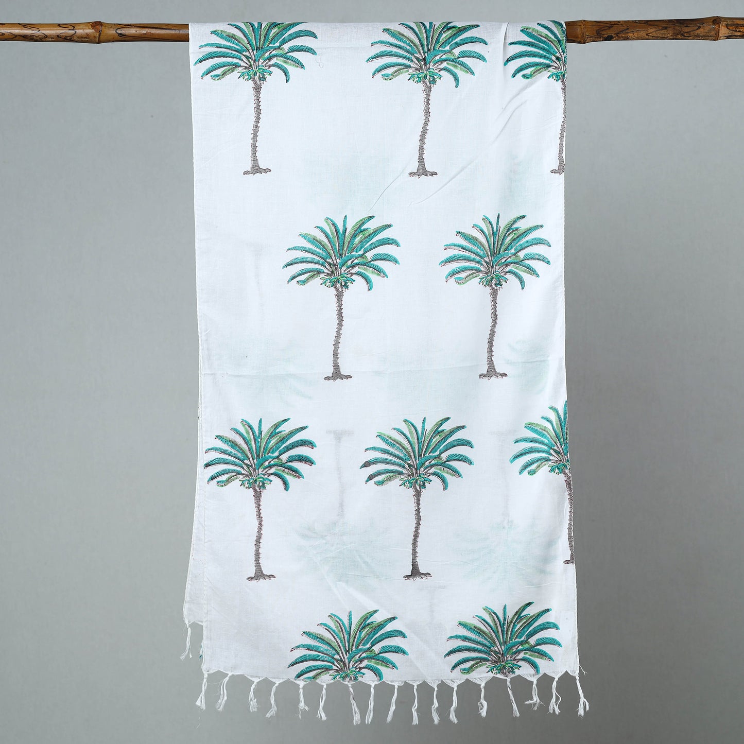 White - Sanganeri Block Printed Cotton Stole with Tassels 103