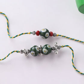 Green - Handmade Blue Pottery & GS Bead Work Bhaiya Bhabhi Rakhi Set with Banaras Wood Dolls Box 22