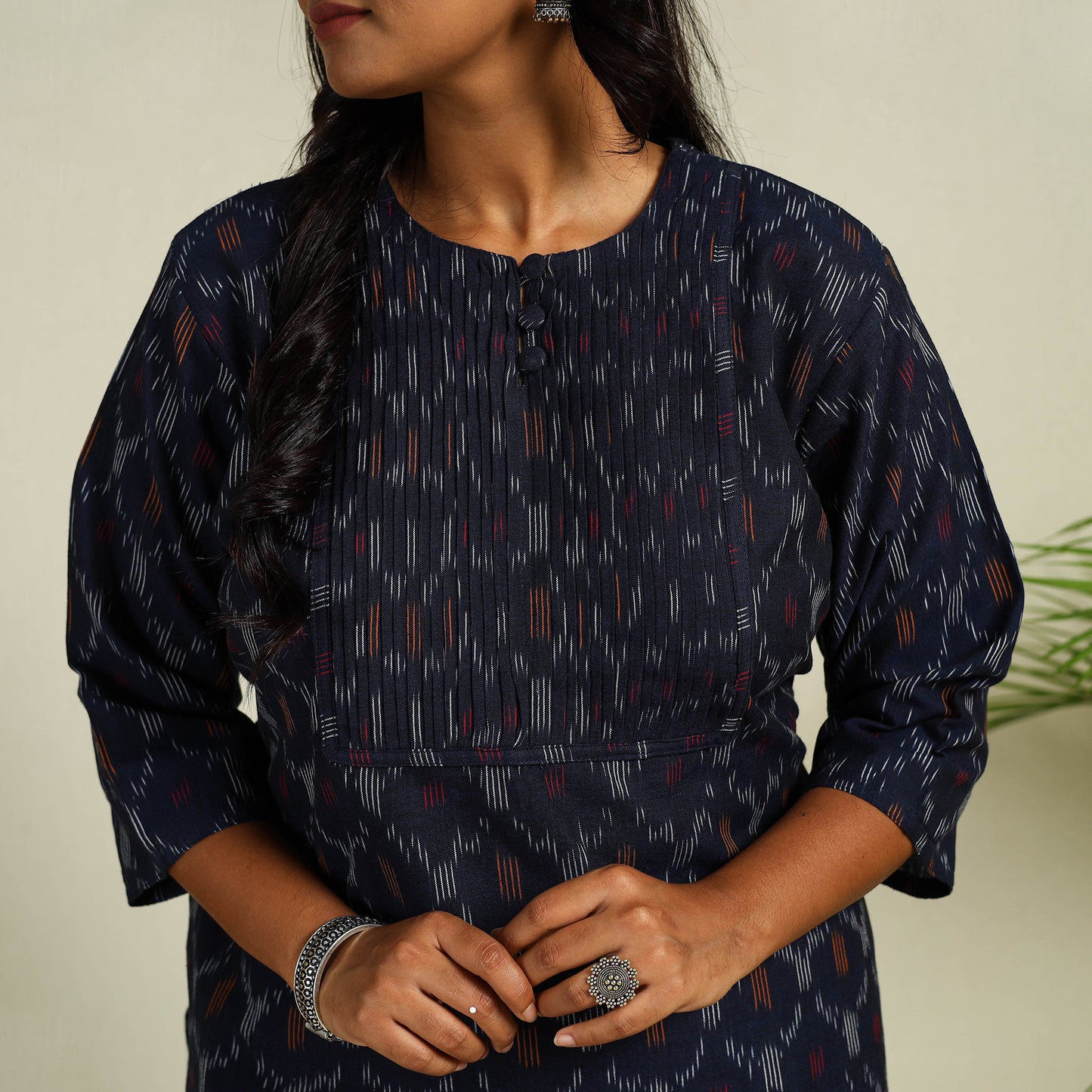 Blue - Cotton Pintuck Straight Pochampally Ikat Kurta 01