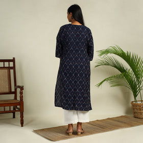 Blue - Cotton Pintuck Straight Pochampally Ikat Kurta 01