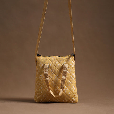 Beige Handcrafted Quilted Silk Sling Bag 07