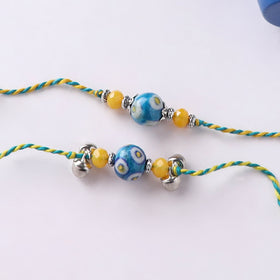 Blue - Handmade Blue Pottery & GS Bead Work Bhaiya Bhabhi Rakhi Set with Banaras Wood Dolls Box 24