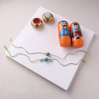 Green - Pearls Handmade Blue Pottery & GS Bead Work Bhaiya Bhabhi Rakhi Set with Banaras Wood Dolls Box 25