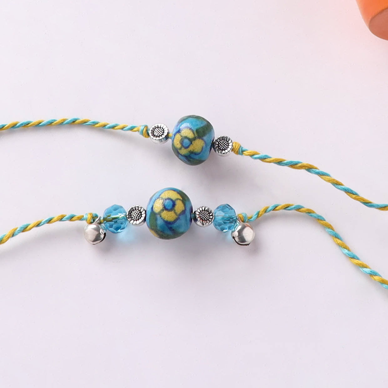 Green - Pearls Handmade Blue Pottery & GS Bead Work Bhaiya Bhabhi Rakhi Set with Banaras Wood Dolls Box 25