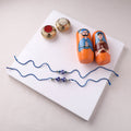 Blue - Pearls Handmade Blue Pottery & GS Bead Work Bhaiya Bhabhi Rakhi Set with Banaras Wood Dolls Box 26